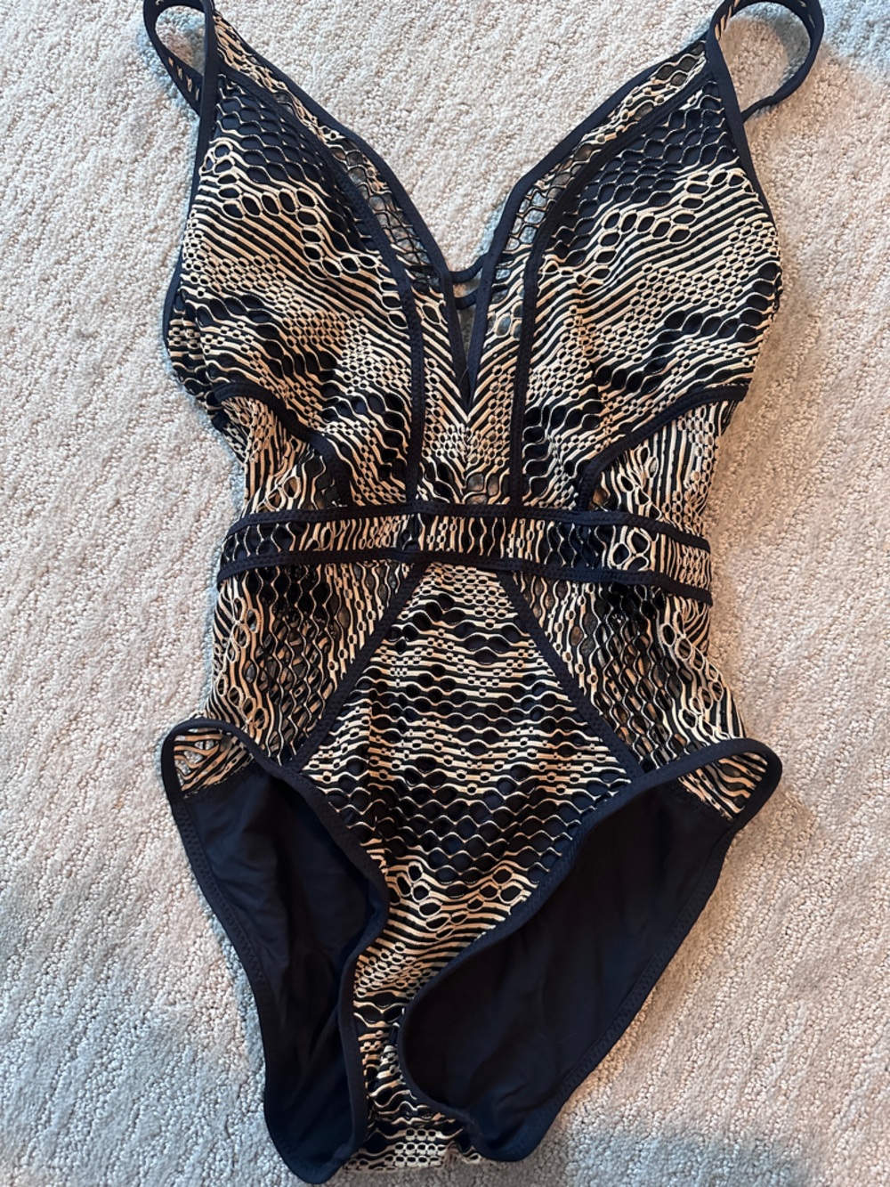 BECCA Black and Tan Lace One-Piece Swimsuit